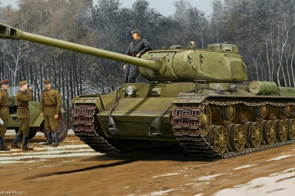 Ein Mann auf einem sowjetischen Panzer und Soldaten, die nebeneinander stehen