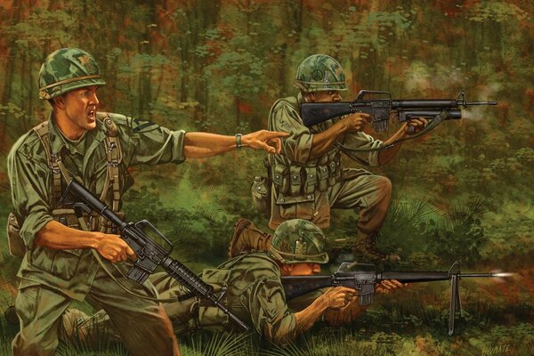 Viet-Nam. Soldados de las fuerzas armadas de los Estados Unidos con rifles m-16 y en equipo. Tiroteo