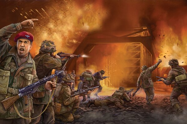 Soldiers capture the bridge in the ww2 game