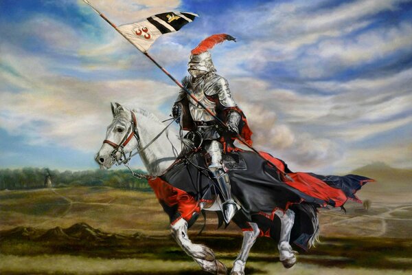 A galloping knight in armor with a flag