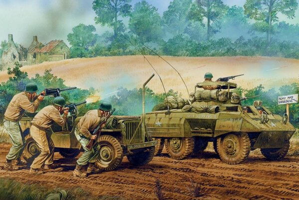 Soldaten im Krieg schießen auf Panzer und Auto