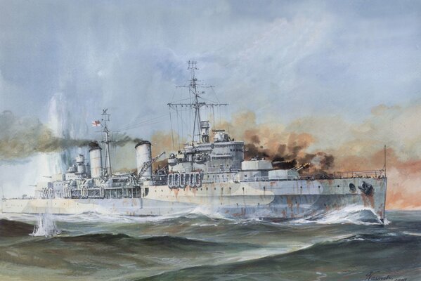 British cruiser in Smoke World War II