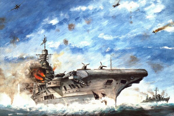 Dibujo con un portaaviones en medio de una batalla naval