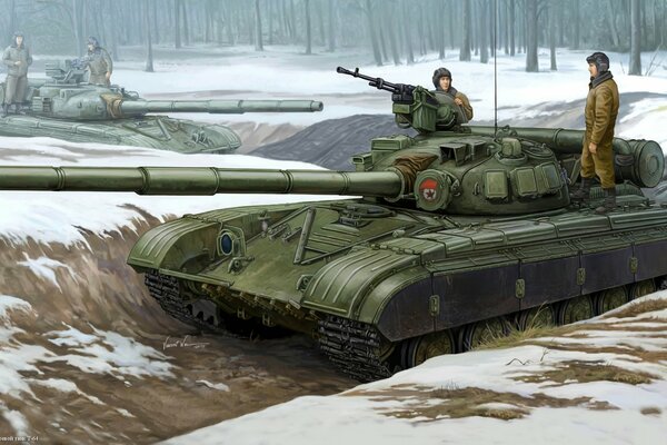 Soviet tank with two fighters