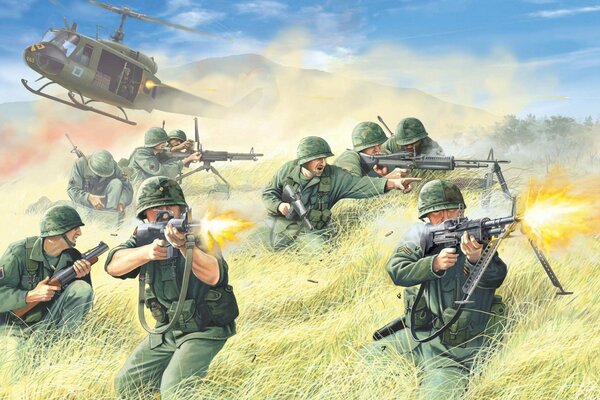 Art landing of US soldiers with weapons in their hands