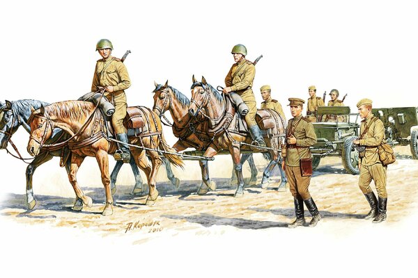 Pintura de soldados galopantes a caballo