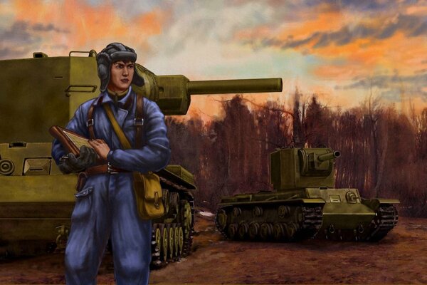Commandant avec tablette de l armée sur fond de char soviétique