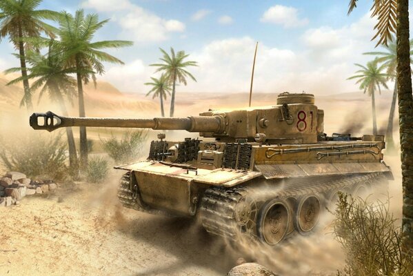 Schwerer Panzer im Sand unter Palmen