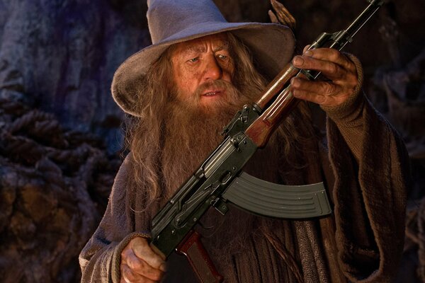 Humor Gandalf with a Kalashnikov assault rifle