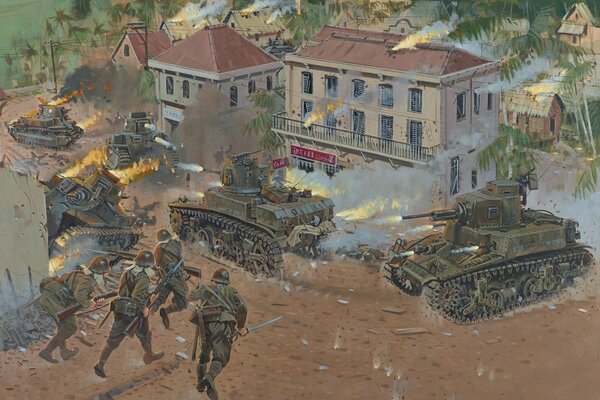 Drawing of a war with burning tanks