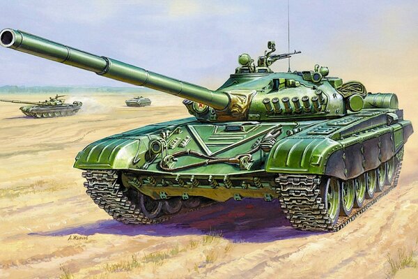 A painted T 72 battle tank on the battlefield