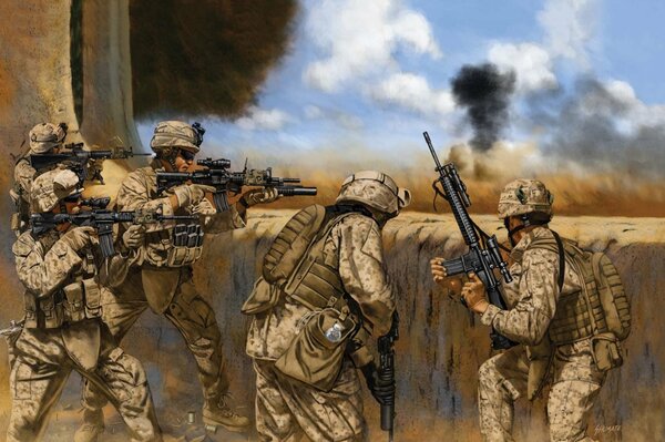 Soldados guerra humo negro ametralladora