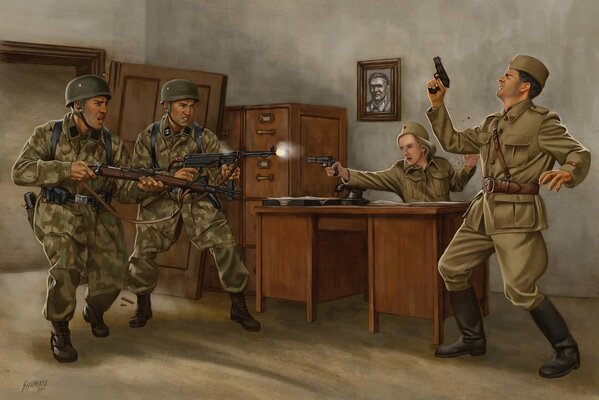 Вторжение солдат с оружием. рисунок