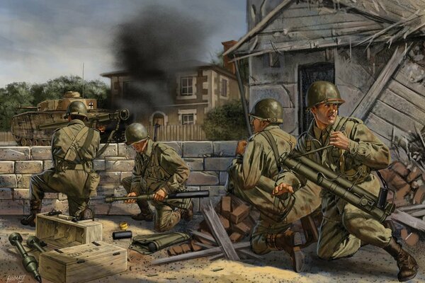 Dibujo de soldados estadounidenses durante la guerra