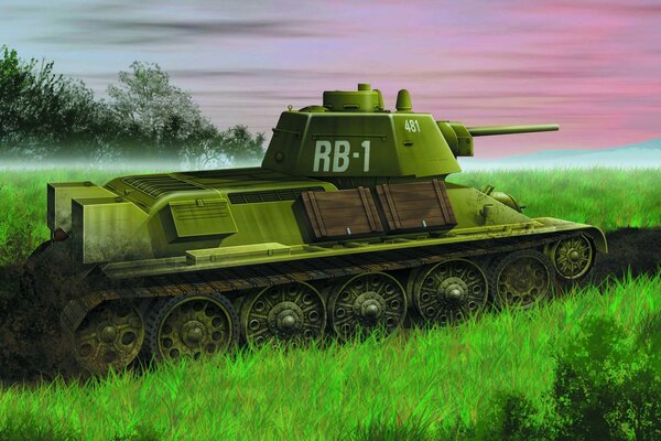 Soviet tank rides on the grass