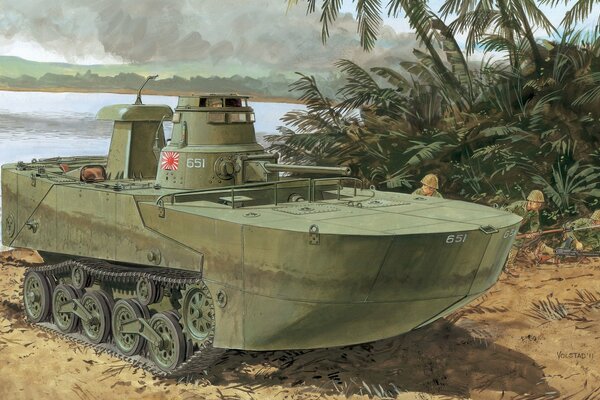 Japoński czołg nad jeziorem na piaszczystym brzegu