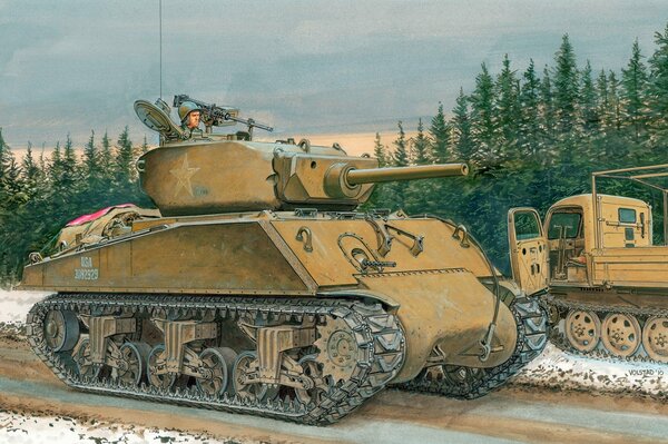 A soldier looks out of the hatch of a tank against the background of a forest