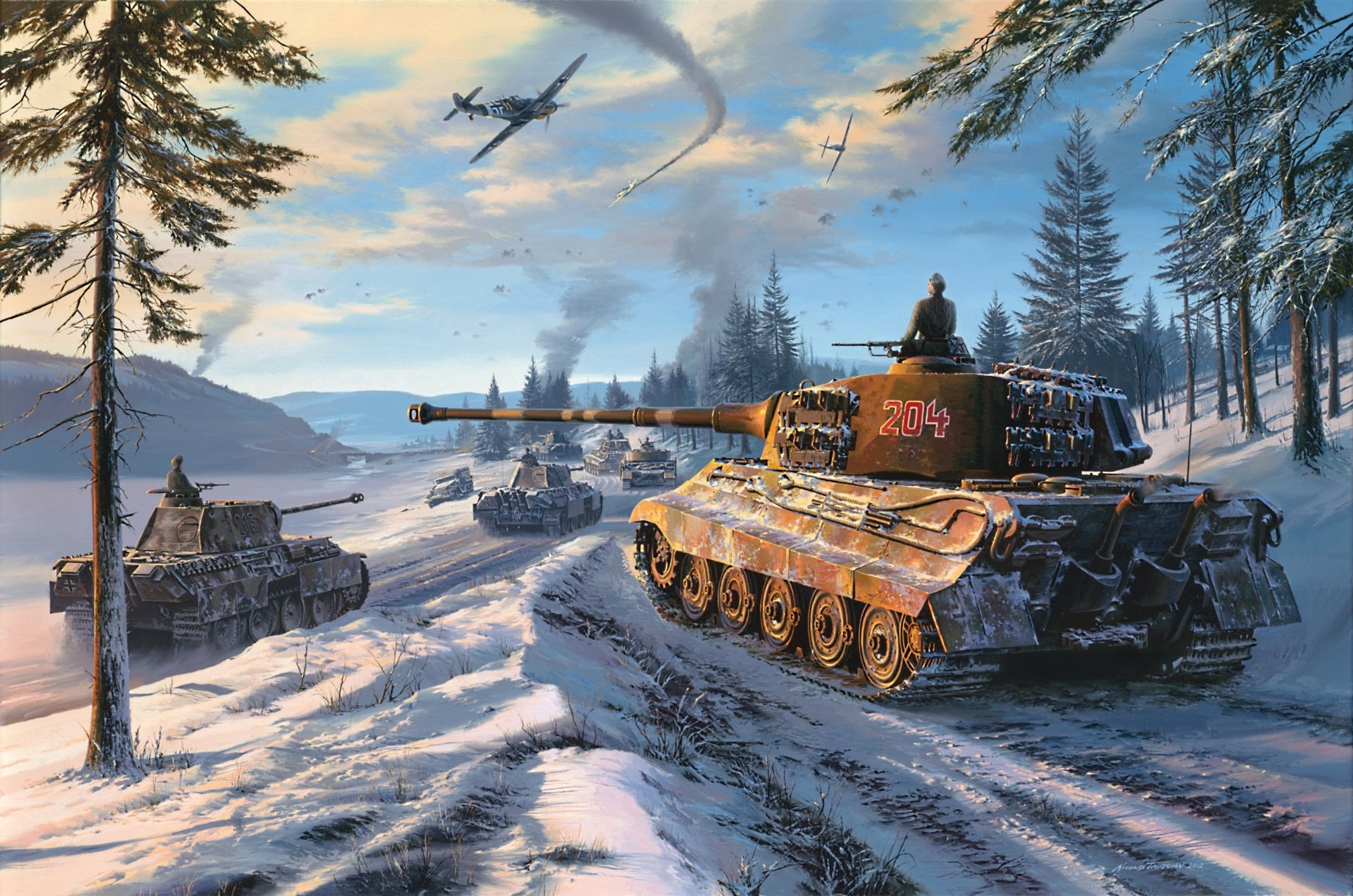 dessin nicolas trudgian forêt hiver neige colonne ciel avions messerschmitt bf.109 réservoirs réservoir moyen panthère sd.kfz . 171 pz.kpfw.v panther sd . kfz . 182 pzkpfw vi ausf . b tigre ii königstiger tigre royal tigre 2 seconde guerre mondiale