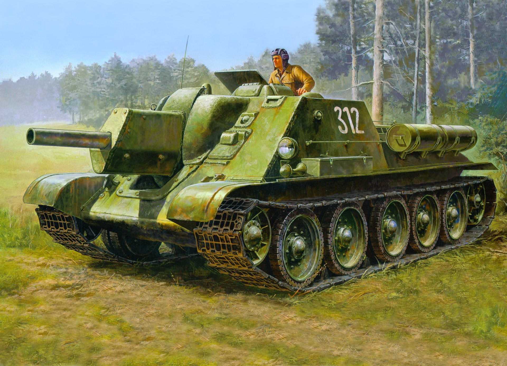 dessin forêt tankiste installation automotrice su-122 rkka urss seconde guerre mondiale