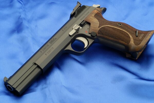 Pistolet. sig p210. Arme. Fond bleu