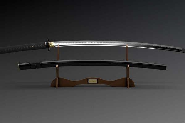 Dos katanas en un soporte sobre un fondo gris