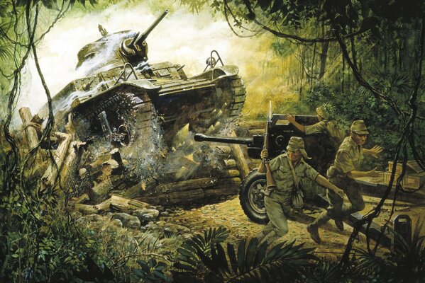 Los japoneses en la guerra entre los matorrales con un tanque y un cañón