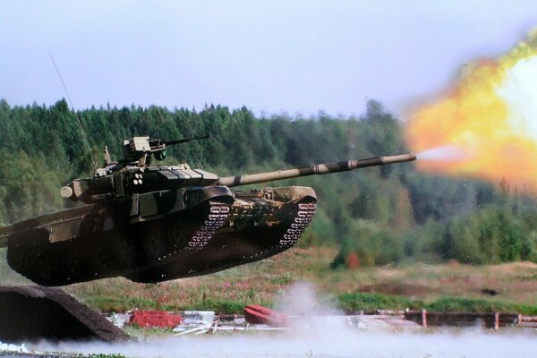 Jump of a tank shooting fire