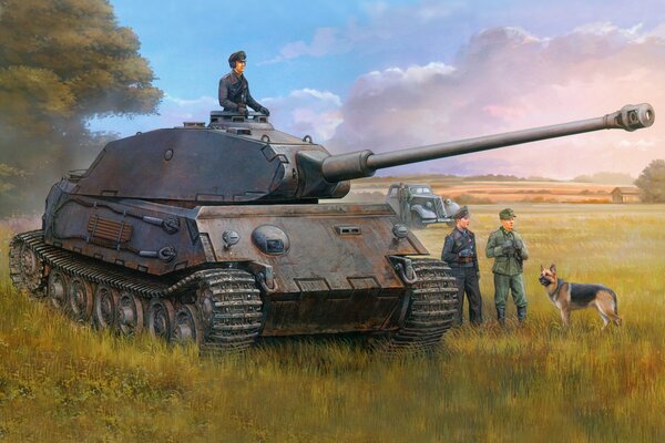 Dibujo de un tanque, un soldado y un perro