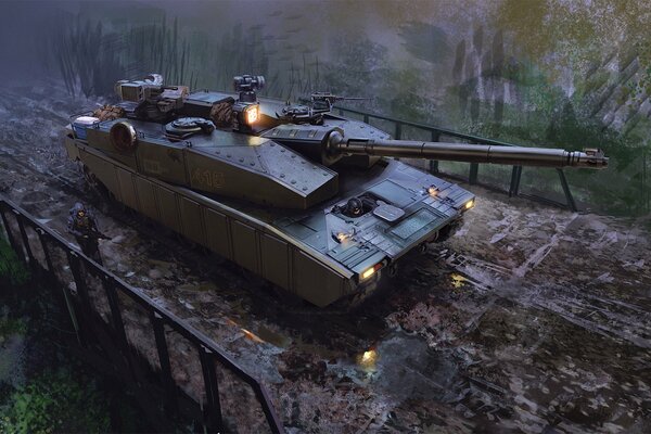 Un tanque que viaja por el puente y camina junto a los soldados con una ametralladora