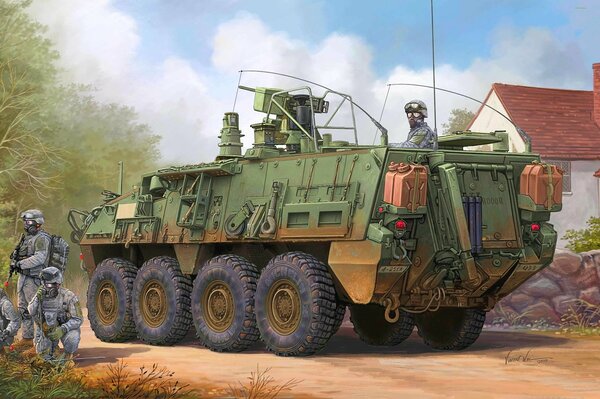 Drawing of an armored personnel carrier on the background of a house with red tiles