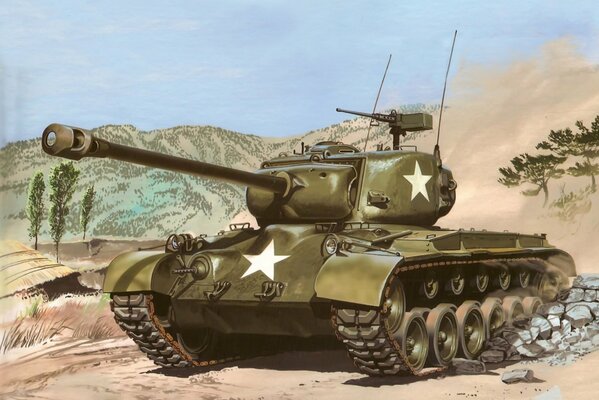 Drawing of a tank on a hill background