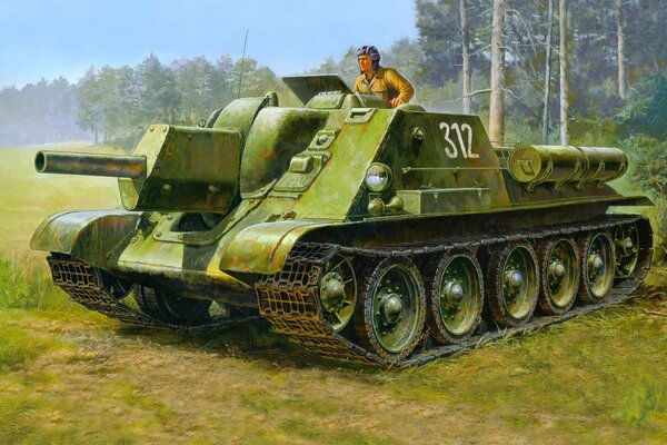 Dessin d un tankiste sur un su-122 sur fond de forêt