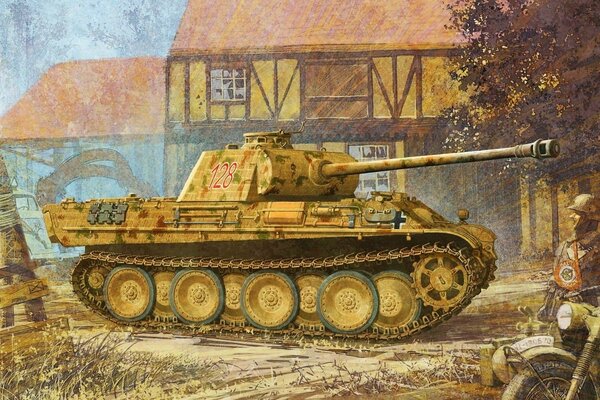 Drawing of a German tank on the background of a house