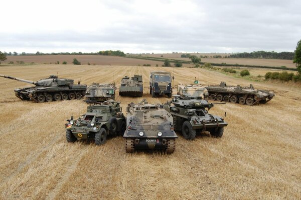 Military equipment in the field stood in a circle