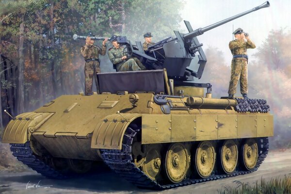 Drawing of Germans on a tank looking into the distance