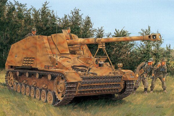 Рисунок военных, притоившихся с военным танком