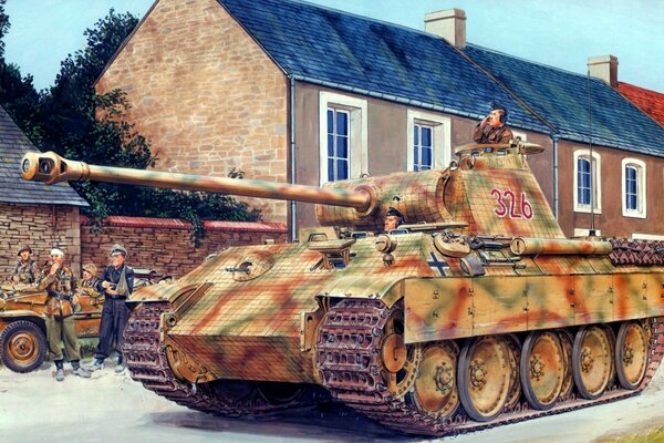 Drawing of a German tank on the background of a house