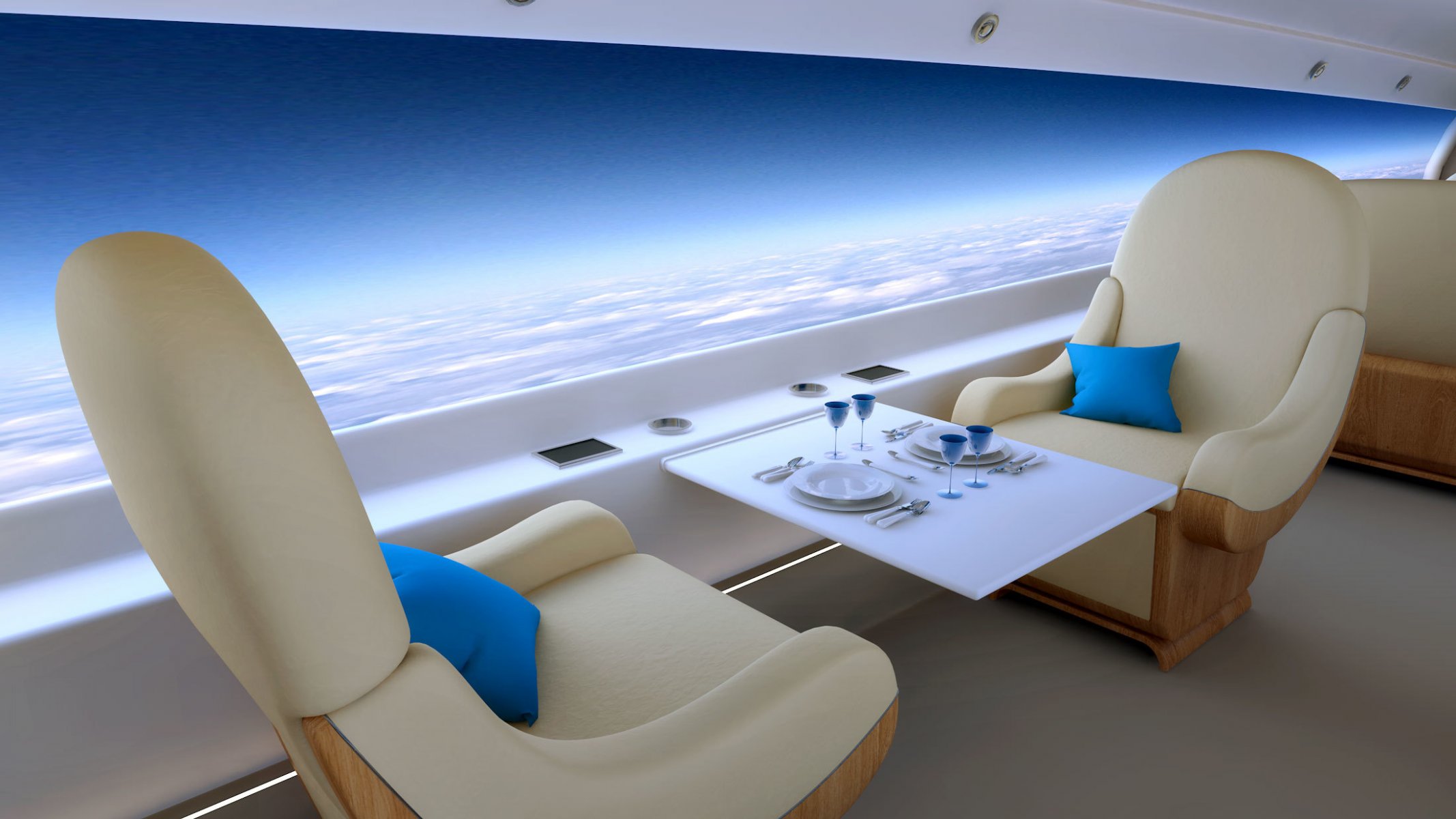 plane future height business sail clouds panorama chair table tourists style supersonic jet