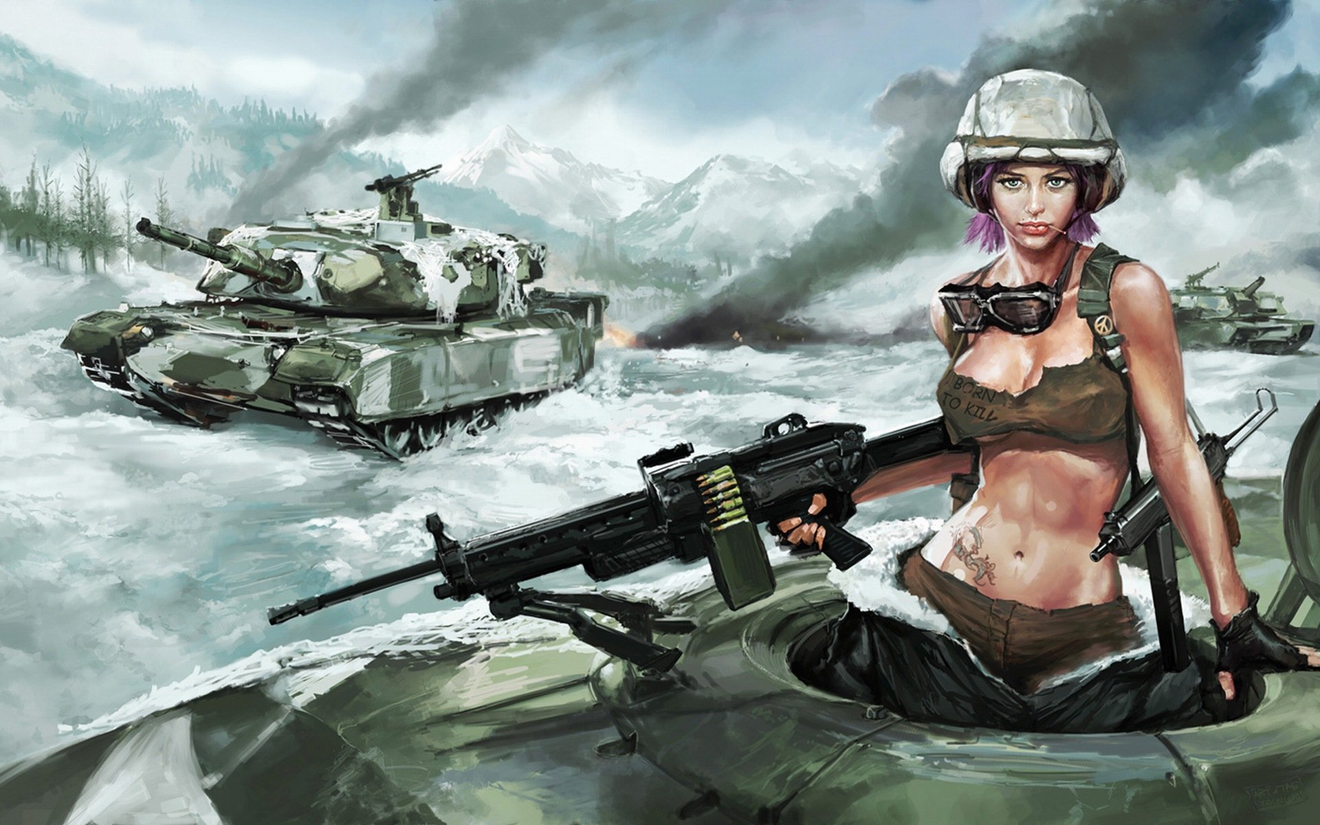 girl tank machine gun snow