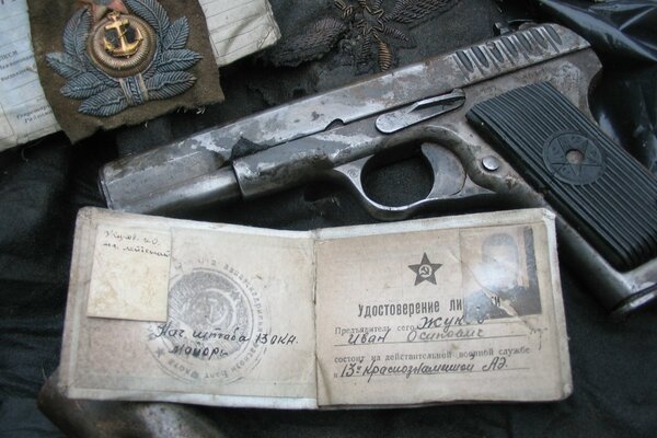 USSR ID card next to the gun