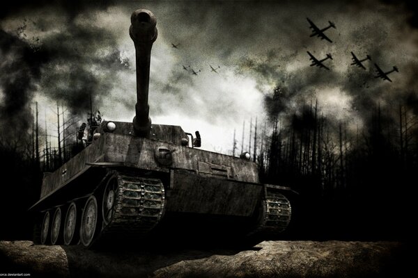 Flugzeuge und Panzer in einem schrecklichen Krieg