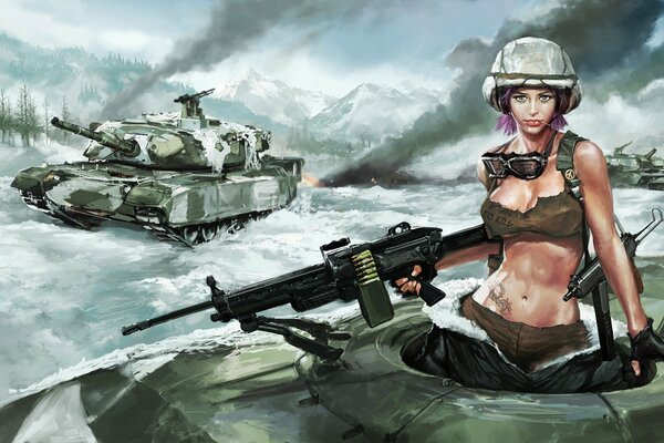 Beautiful half-dressed tank girl