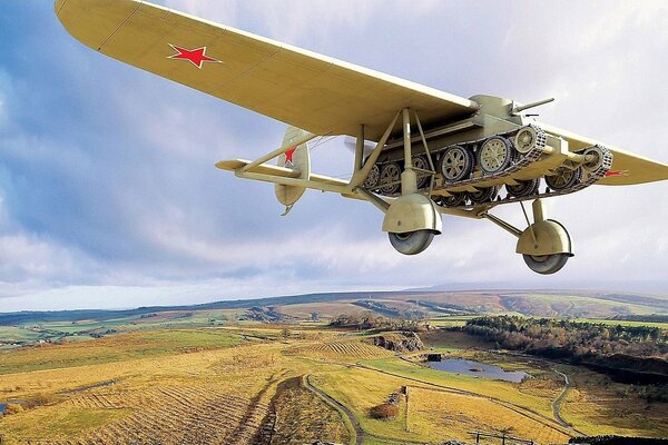 Volando en el cielo tanque sobre los campos