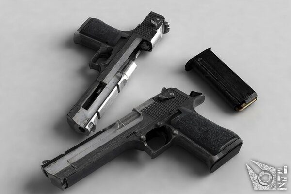 On a gray background there are two pistols and a magazine