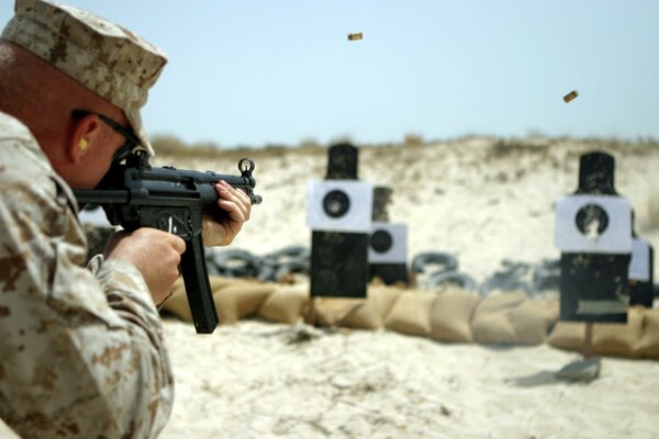 A soldier fires a rifle at targets