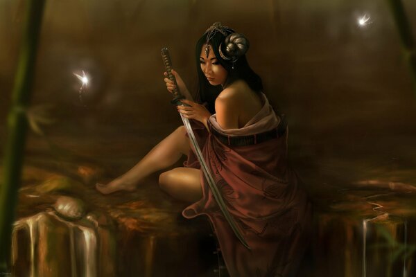 A girl with fireflies and a katana