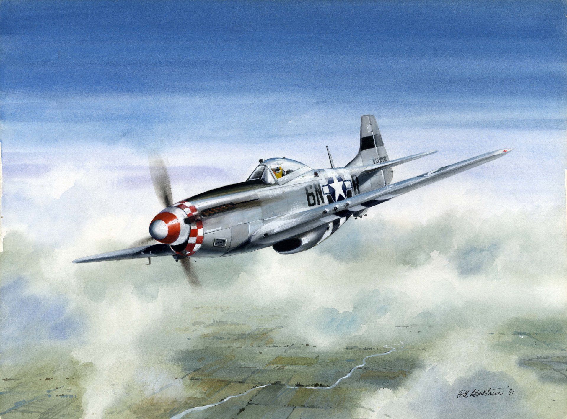 plane fighter north american p51 mustang height flight clouds art picture