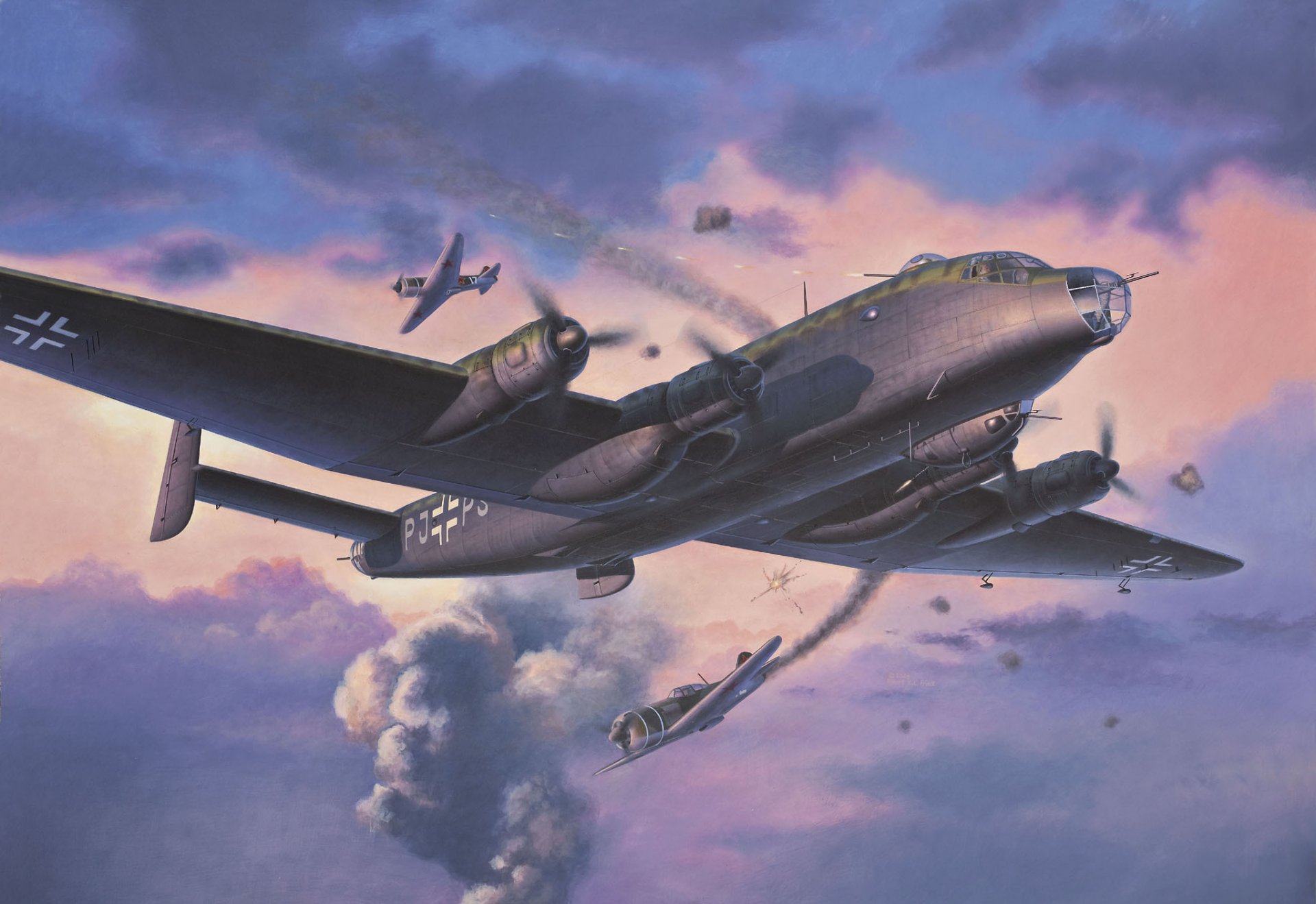 art guerre ciel junkers ju.290 allemand quadrimoteur piston lourd bombardier scout lavochkin la-7 banc soviétique monomoteur chasseur