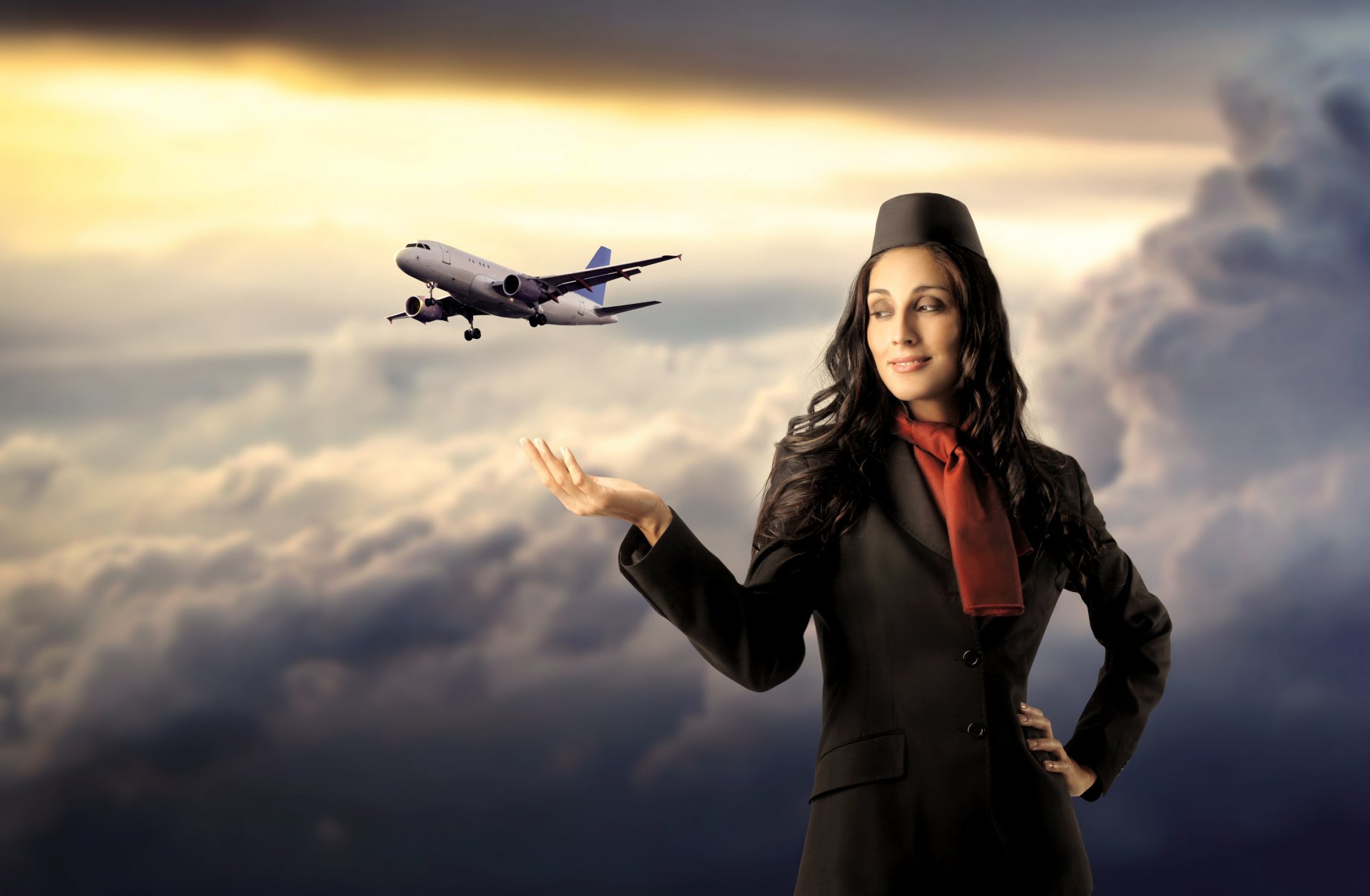 mädchen stewardess flugzeug wolken