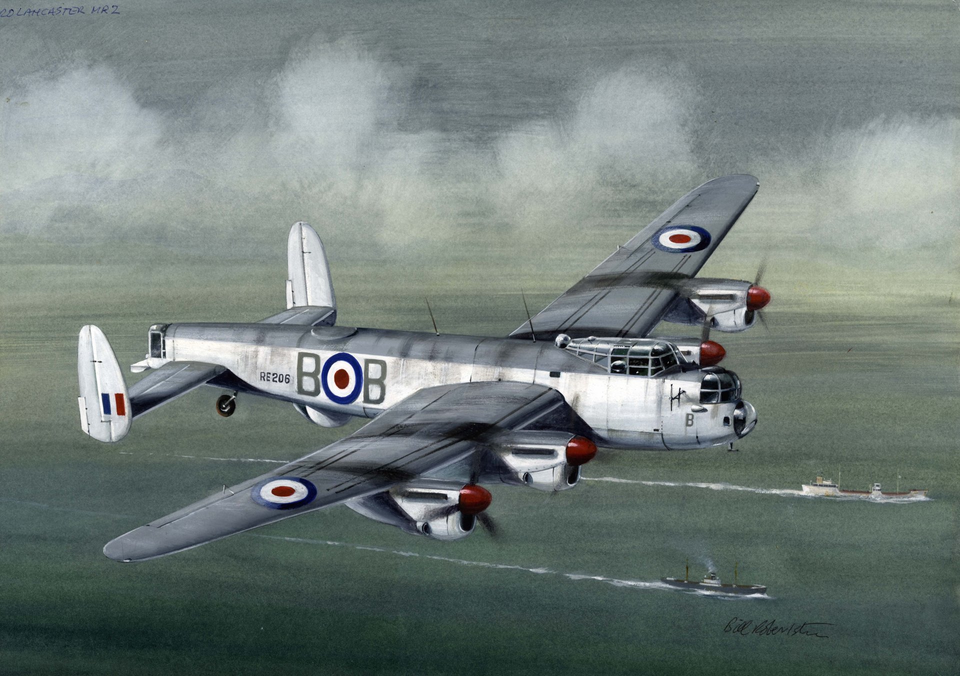 lancaster británico bombardero cielo nubes vuelo mar barcos arte dibujo